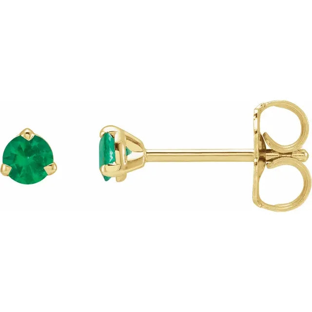 14K Yellow gold  3-Prong Emerald Stud Earrings 