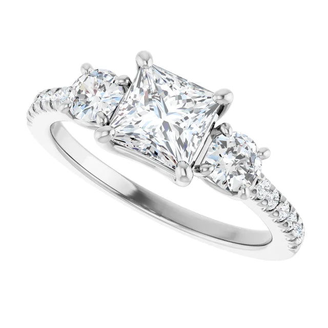Sideway Picture for 3-Stone Princess and Round Diamond Engagement Ring Set in white gold or platinum 