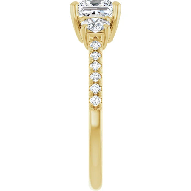 Picture from the side for 3-Stone Princess and Round Diamond Engagement Ring showing diamond on the shank