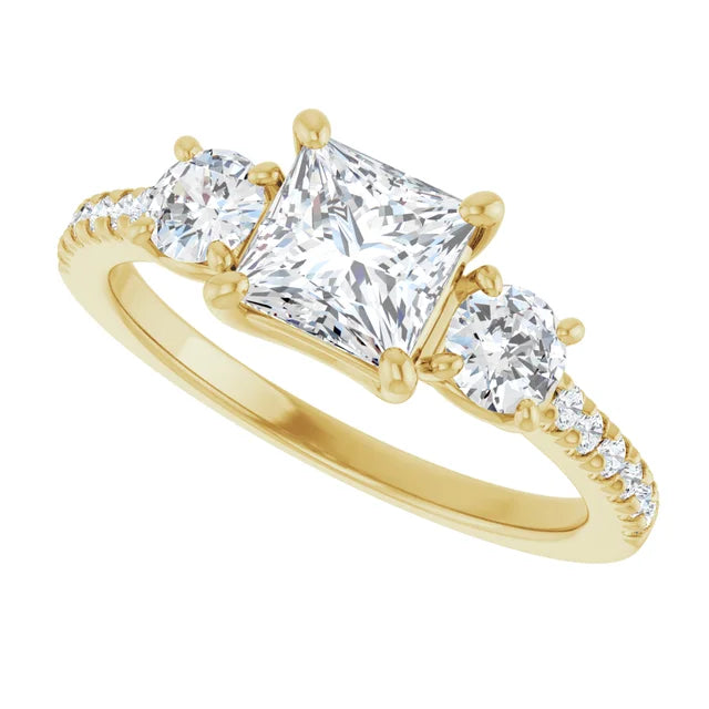 sideway Picture for 3-Stone Princess and Round Diamond Engagement Ring Set in Yellow Gold