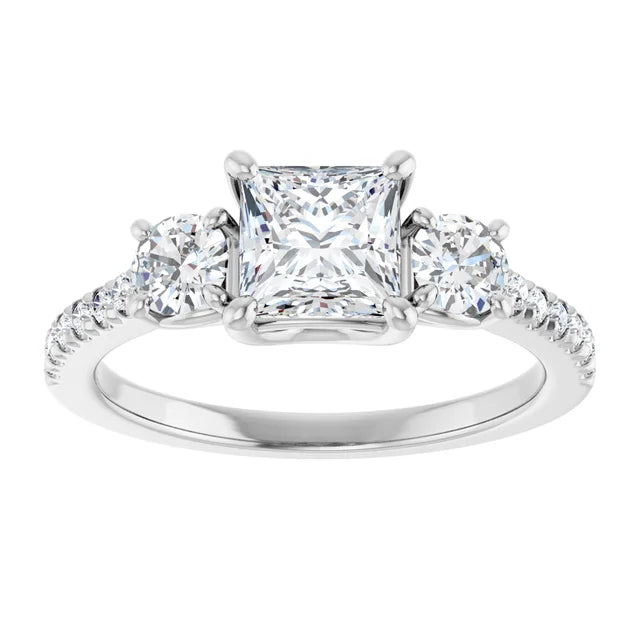 3-Stone Princess and Round Diamond Engagement Ring Set in white gold