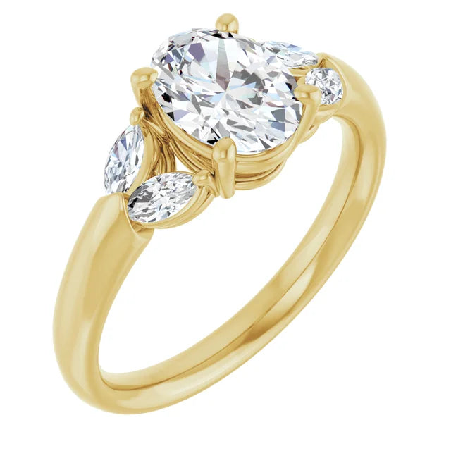 Vintage Style Oval & Marquise Diamond engagement Ring in Yellow gold