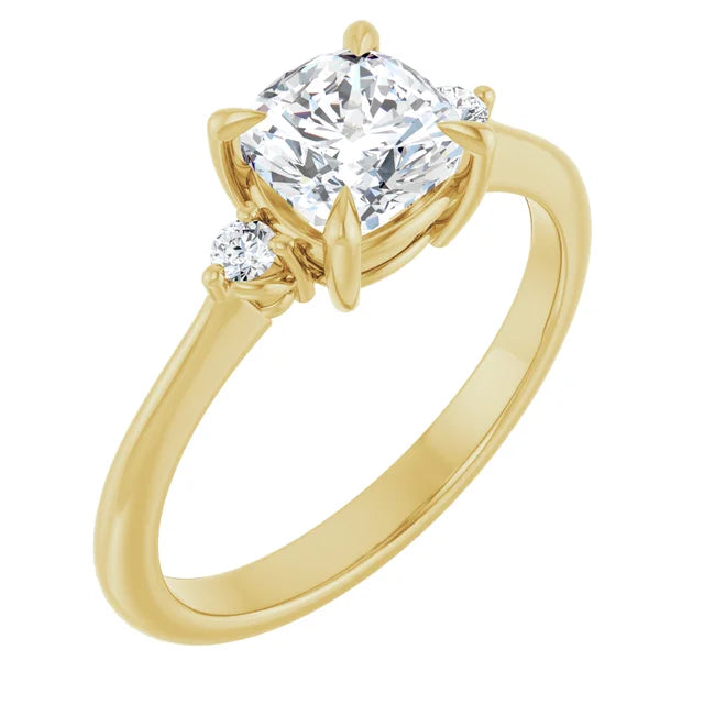 Sideway Picture for 1 CT 3 stone Cushion and Round Diamond Engagement Ring For Women Set in Yellow Gold