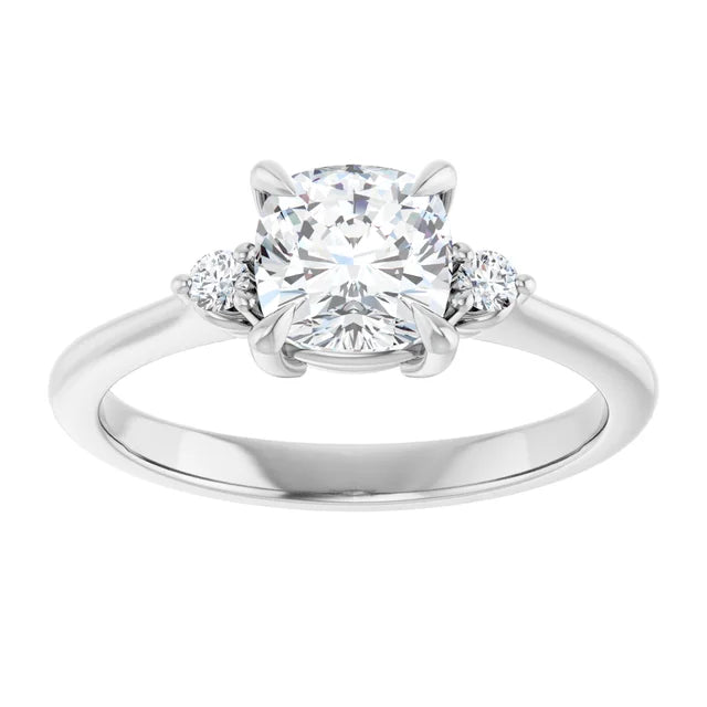 1 CT 3 stone Cushion and Round Diamond Engagement Ring For Women Set in white gold or platinum 