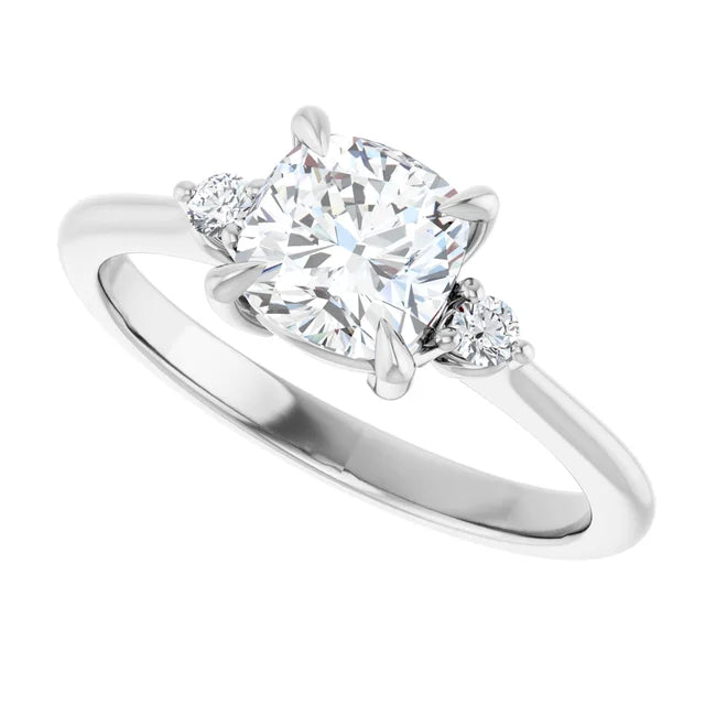 Sideway Picture for 1 CT 3 stone Cushion and Round Diamond Engagement Ring For Women Set in white gold or platinum 