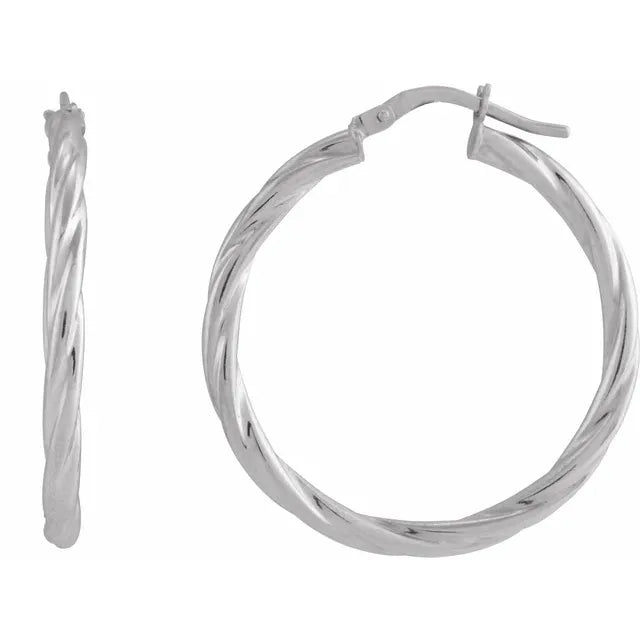 14K White Gold  30 mm Twisted Tube Hoop Earrings 