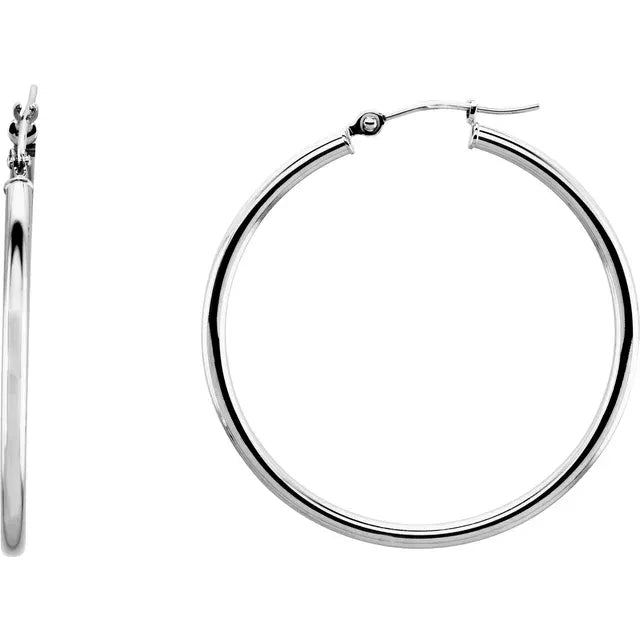 14K White gold  34 mm Tube Hoop Earrings 