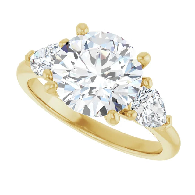 Sideway Picture for 3 1/4 CTW Three-stone diamond engagement ring with round center and pear-shaped side stones in Yellow Gold