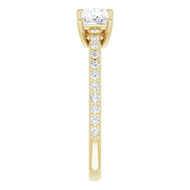  1+ CTW Three-Stones Diamond Engagement Ring 14K Yellow gold showing shanks 