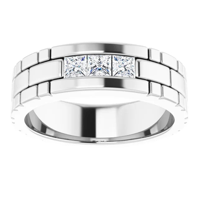  three Diamond Stones men wedding band 3x3 14K White Gold