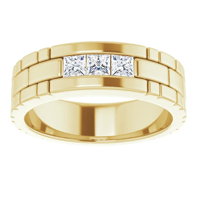 3x3  three Diamond Stones men wedding band 14K Yellow Gold