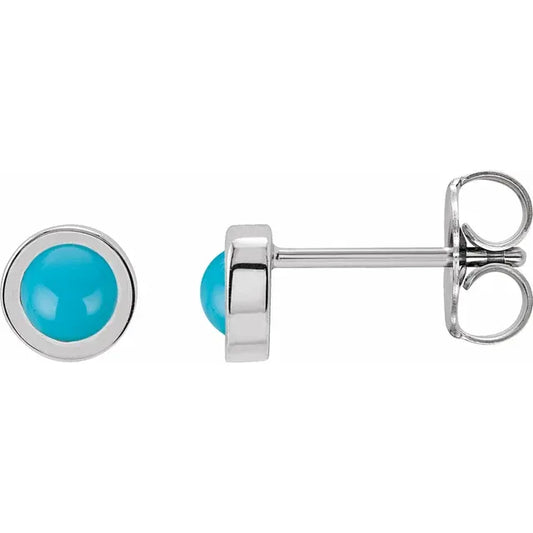 Cabochon Natural Turquoise Bezel-Set Solitaire Earrings Set in white gold or platinum 