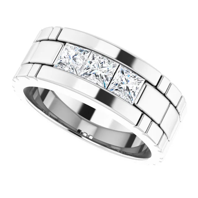  three Diamond Stones men wedding band 4x4 MM White Gold Side picture 