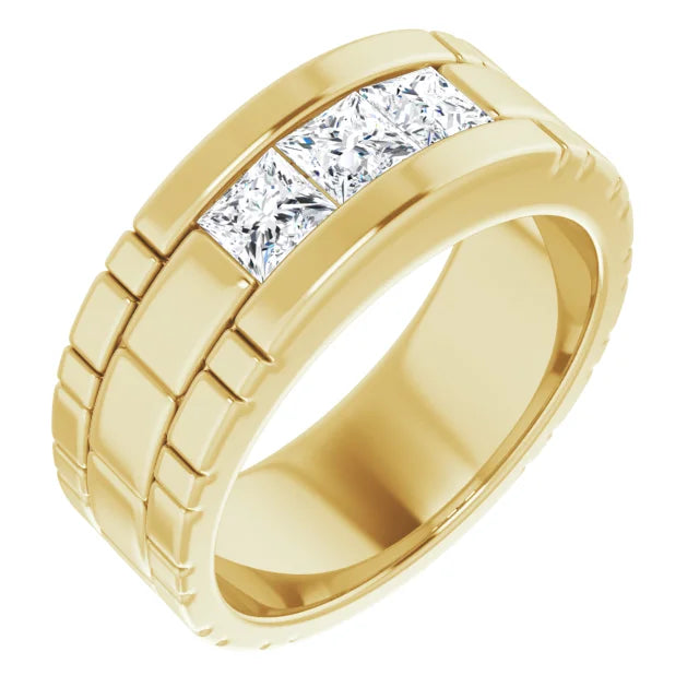  three Diamond Stones men wedding band 14K Yellow Gold side Picture 