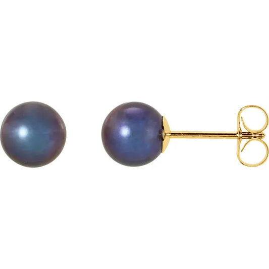 14K Yellow Gold 5 - 6 MM Cultured Black Freshwater Pearl Stud Earrings 
