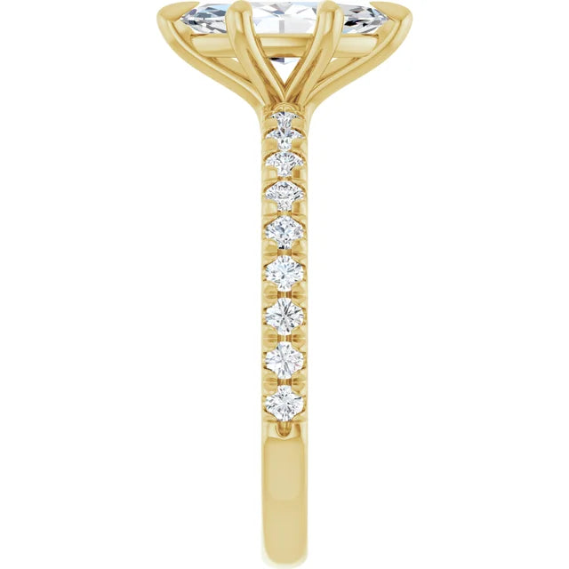 1 CT French Set Marquise accented Band Diamond Engagement Ring Set in Yellow gold showing Diamond on the shank 