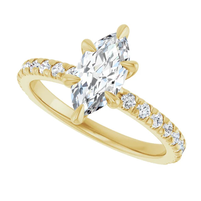 Sideway Picture for 1 CT French Set Marquise accented Band Diamond Engagement Ring Set in Yellow Gold
