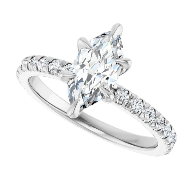 Sideway Picture for 1 CT French Set Marquise accented Band Diamond Engagement Ring Set in white gold