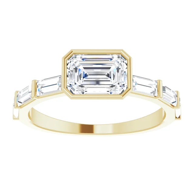 Emerald Cut Diamond engagement ring Yellow gold showing center stone 