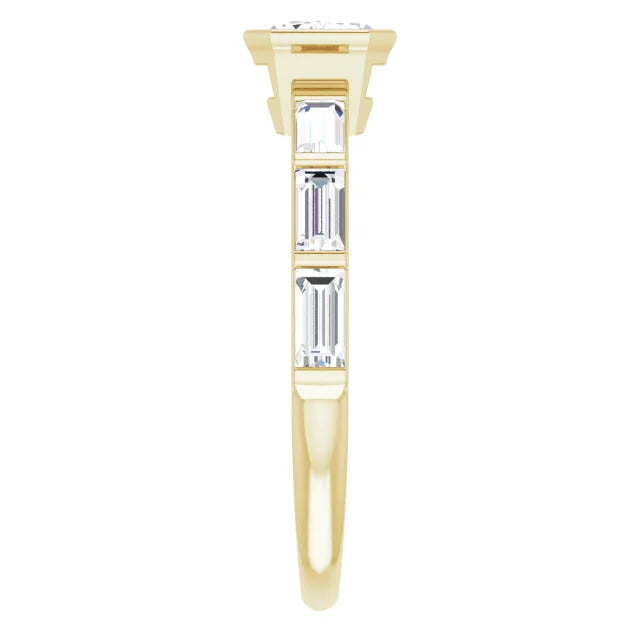 Emerald Cut Diamond engagement ring Yellow gold showing side stones