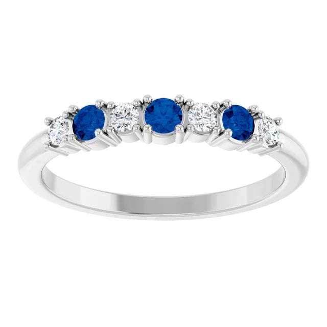 7 Stones Natural Diamond and Natural Sapphire Ring 14k White Gold