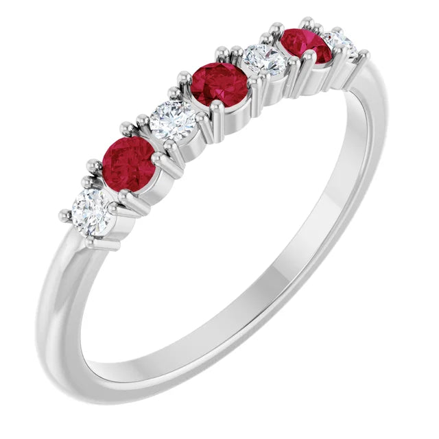 7 Stone Diamond and Ruby Anniversary Ring White Gold