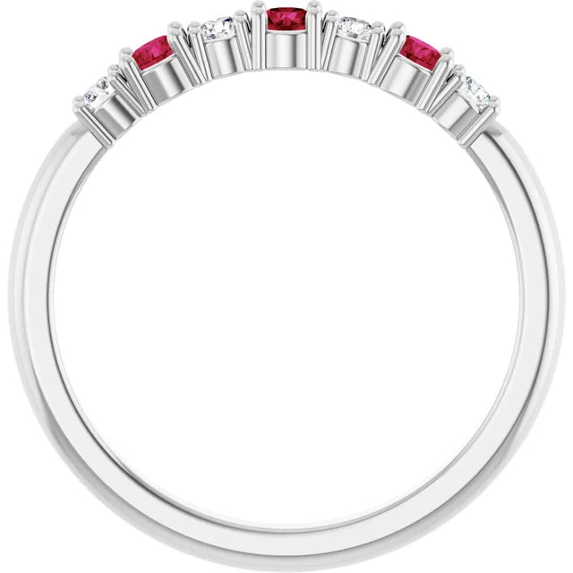 7 Stone Diamond and Ruby Anniversary Ring 14K White Gold showing stones from the back 