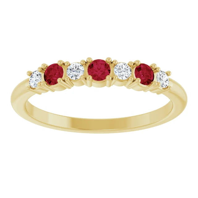 7 Stone Diamond and Ruby Anniversary Ring  Yellow Gold