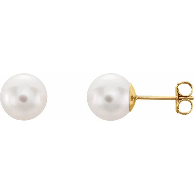14K Yellow Gold 8 mm Cultured White Akoya Pearl Earrings