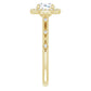 Vintage-inspired round diamond halo engagement ring with petal-accented shank in Yellow Gold showing diamonds on the Shank 