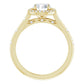 Vintage-inspired round diamond halo engagement ring with petal-accented shank set in Yellow Gold showing under gallery 