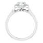 Vintage-inspired round diamond halo engagement ring with petal-accented shank set in platinum showing under gallery 