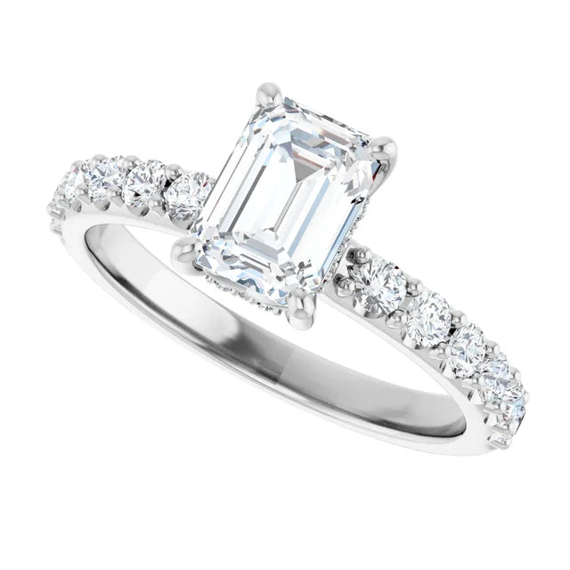 1 CT Hidden Halo Emerald Cut Solitaire Engagement Ring With Accented Shank Set in white gold or platinum 