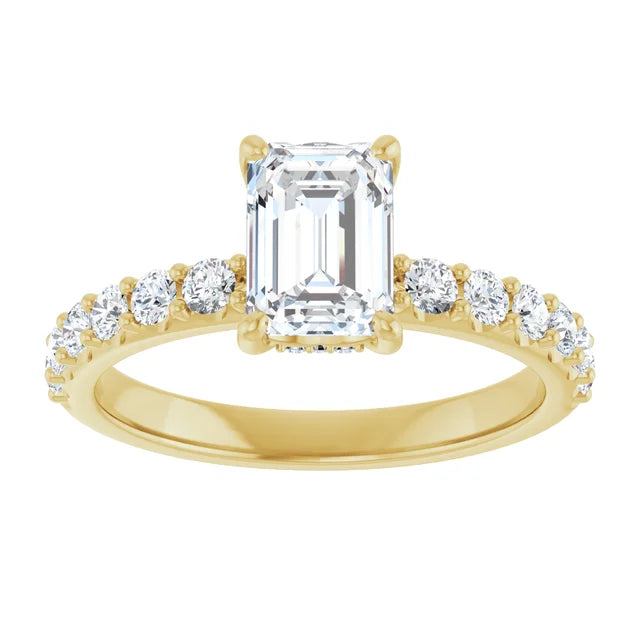 1 CT Hidden Halo Emerald Cut Solitaire Engagement Ring With Accented Shank 