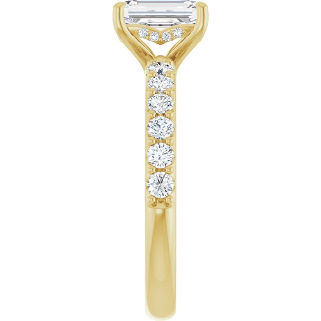 1 CT Hidden Halo Emerald Cut Solitaire Engagement Ring With Accented Shank Set in Yellow gold showing Diamond on the shank