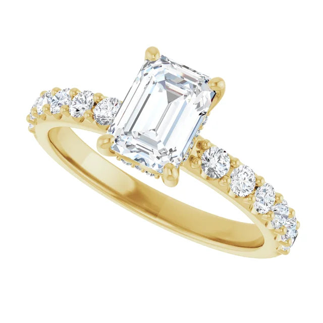 Sideway Picture for 1 CT Hidden Halo Emerald Cut Solitaire Engagement Ring With Accented Shank Set in Yellow Gold