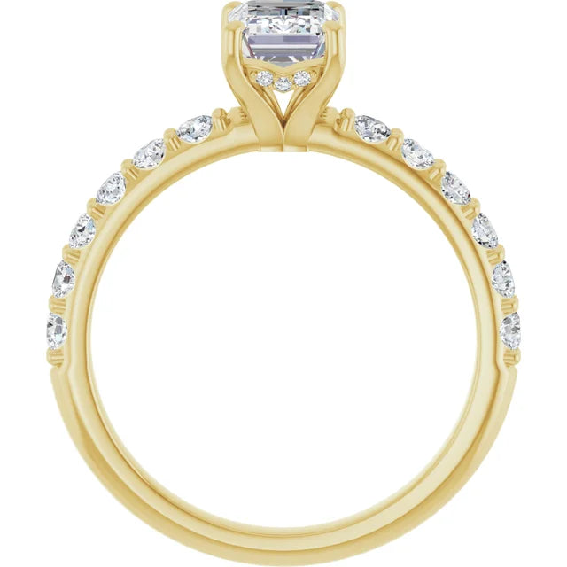 1 CT Hidden Halo Emerald Cut Solitaire Engagement Ring With Accented Shank Set in Yellow Gold showing under gallery and hidden halo 