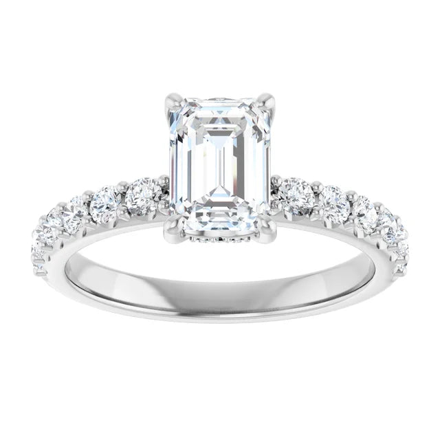 1 CT Hidden Halo Emerald Cut Solitaire Engagement Ring With Accented Shank Set in white gold or platinum 