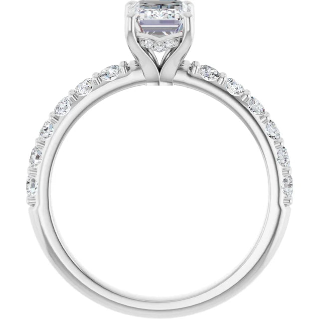 1 CT Hidden Halo Emerald Cut Solitaire Engagement Ring With Accented Shank Set in White gold showing hidden halo and under gallery 
