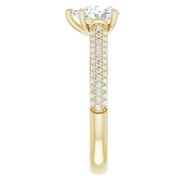 1 CT Hidden Halo Accented Shank Pear Solitaire Set in Yellow gold showing accented shank 