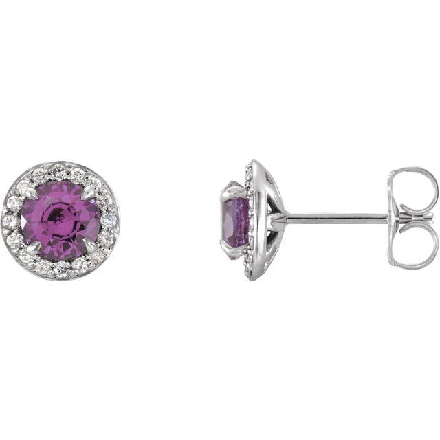 1/8 Carat Natural Diamond Accented 14K white Gold Stud Earrings, Personalized with Natural Amethyst