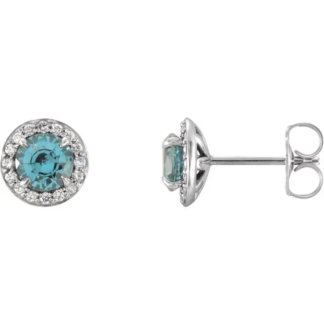 1/8 Carat Natural Diamond 14K White Gold Stud Earrings, with Natural natural aquamarine  birthstone center stone 