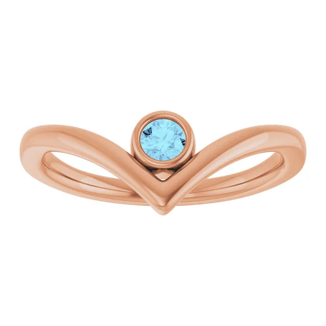 White gold Natural Aquamarine bezel set V Shape Birthstone Ring
