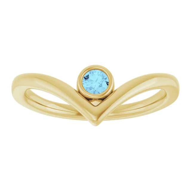 Natural Aquamarine bezel set V Shape Birthstone Ring