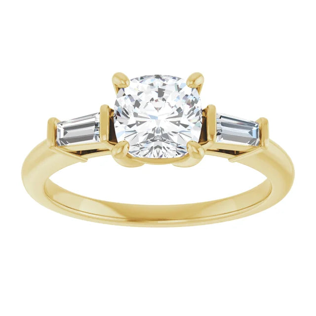 1 CT Cushion and tapered Baguette 3-Stone Diamond Engagement Ring  