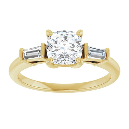 1 CT Cushion and tapered Baguette 3-Stone Diamond Engagement Ring  