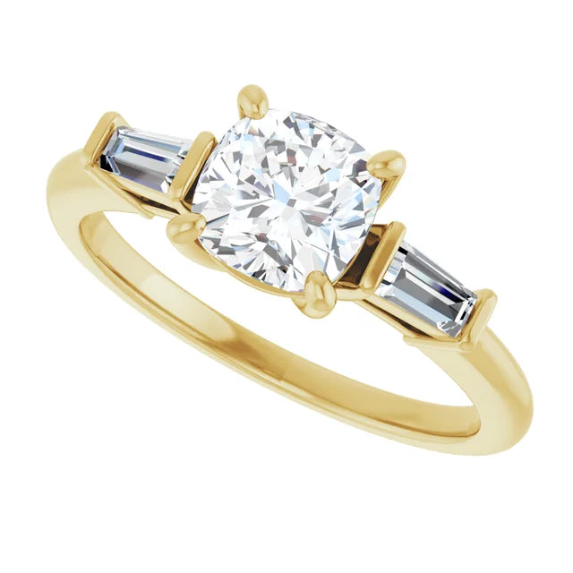 Sideway Picture for 1 CT Cushion and tapered Baguette 3-Stone Diamond Engagement Ring  Set in Yellow Gold