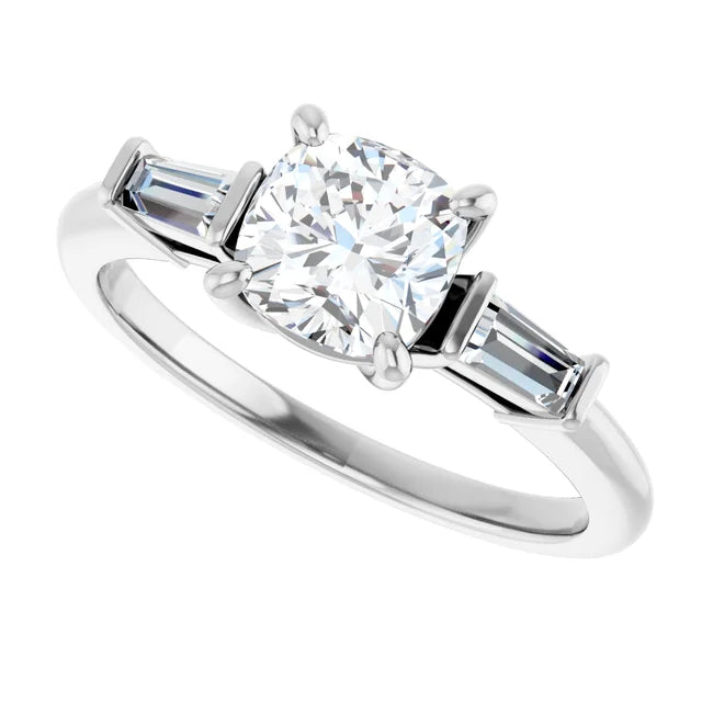 Sideway Picture for 1 CT Cushion and tapered Baguette 3-Stone Diamond Engagement Ring  Set in white gold or platinum 