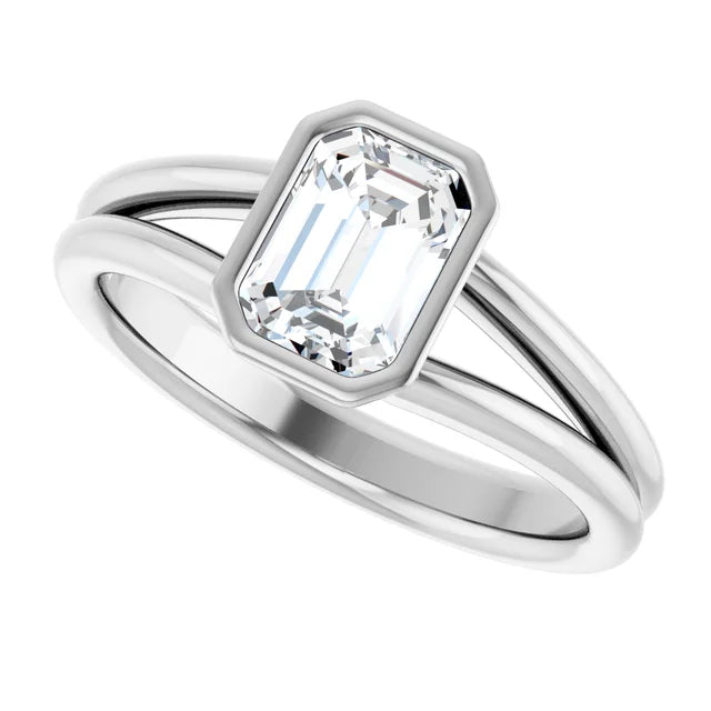 Sideway Picture for 1 CT Bezel Set Split Shank Emerald Cut Diamond Engagement Ring Set in white gold or platinum 