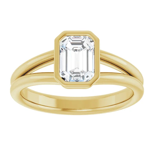 1 CT Bezel Set Split Shank Emerald Cut Diamond Engagement Ring 